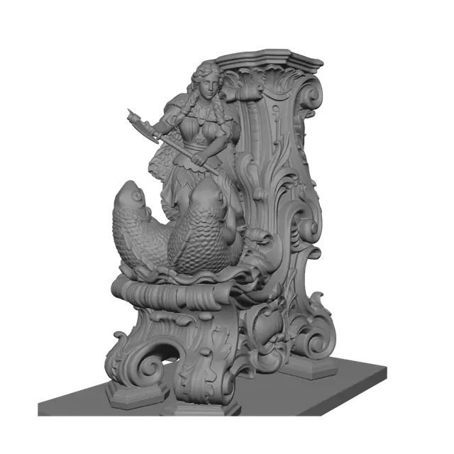 3D model for Transform a fierce barbarian heroine battling a grotesque swamp monster into a hyper-realistic wooden carved Rococo–Art Nouveau dual statue merging into a monumental waved console-pillar. Flowing hair, fur garments, splashing water, monstrous tongue and bulging eyes dissolve into sweeping rocaille scrolls, aquatic volutes and decorative cartouches. Polished hardwood with dynamic anatomy and deep relief. Rich earthy polychrome with aged patina, worn gilding and museum-quality chiaroscuro.