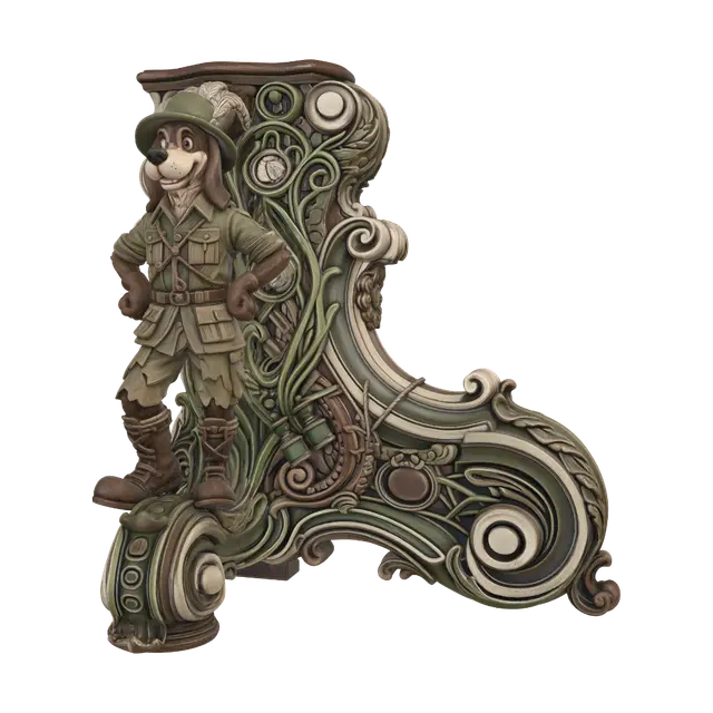 3D model for Transform a tall cheerful cartoon dog explorer into a hyper-realistic wooden carved Rococo-Art Nouveau caricatural statue merging into a monumental waved scrollwork console-pillar. Safari uniform, feathered hat, oversized boots and playful grin merge into flowing jungle vines, explorer equipment, rocaille scrolls, floral cartouches and sweeping Art Nouveau volutes. Clothing cascades into elegant S-curves. Material: polished hardwood with refined anatomical detailing, crisp chisel marks and deep undercuts. Polychrome: weary deep khaki, olive, chestnut, ivory and aged bronze with rich aged patina.