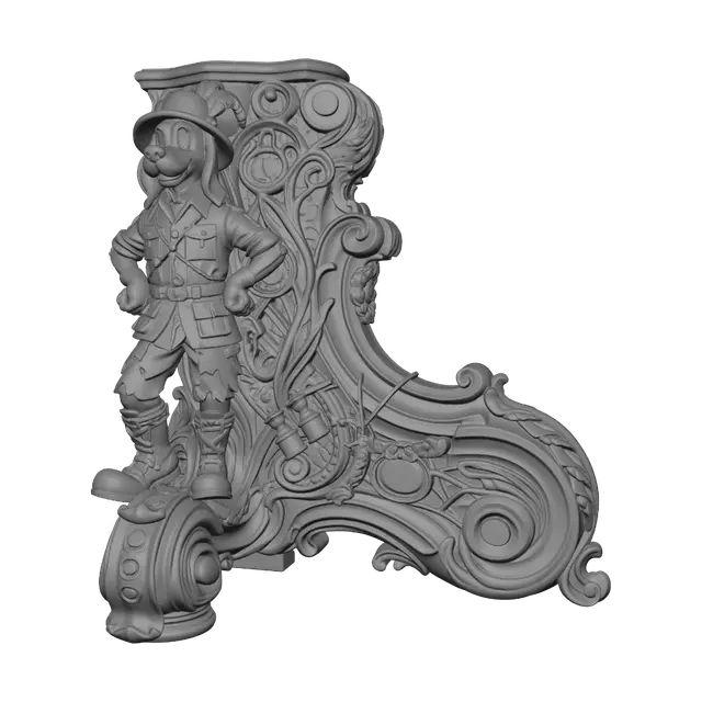 3D model for Transform a tall cheerful cartoon dog explorer into a hyper-realistic wooden carved Rococo-Art Nouveau caricatural statue merging into a monumental waved scrollwork console-pillar. Safari uniform, feathered hat, oversized boots and playful grin merge into flowing jungle vines, explorer equipment, rocaille scrolls, floral cartouches and sweeping Art Nouveau volutes. Clothing cascades into elegant S-curves. Material: polished hardwood with refined anatomical detailing, crisp chisel marks and deep undercuts. Polychrome: weary deep khaki, olive, chestnut, ivory and aged bronze with rich aged patina.