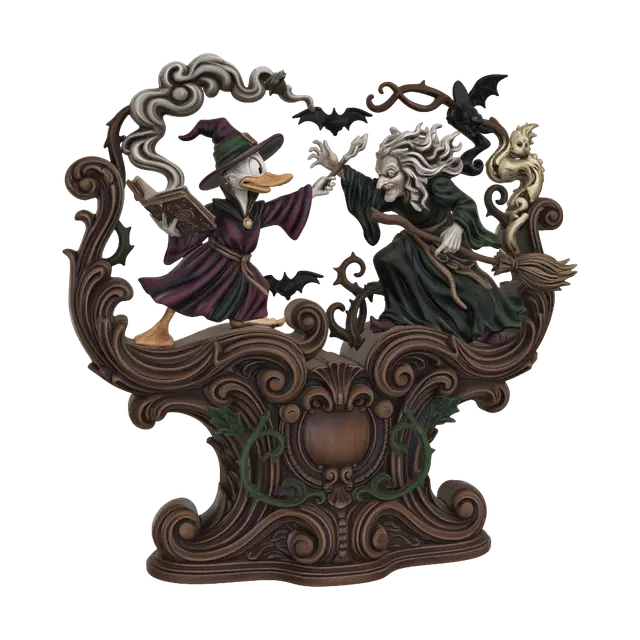 3D model for Transform a determined witch duck battling a wild old sorceress into a hyper-realistic wooden carved Rococo-Art Nouveau caricatural dual statue merging into a monumental waved scrollwork console-pillar. Spellbook, magic, bats, swirling smoke, broom, crooked hat and magical creatures become elaborate rocaille scrolls, thorny vines, mystical cartouches and curling volutes. Flowing robes create elegant S-curves. Material: polished hardwood with crisp carving. Polychrome: weary deep violet, emerald, black, amber and aged ivory with patina.