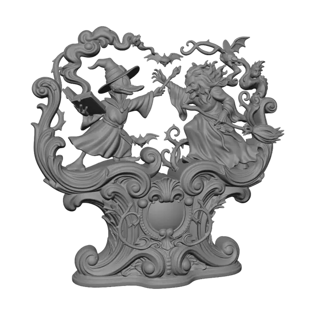 3D model for Transform a determined witch duck battling a wild old sorceress into a hyper-realistic wooden carved Rococo-Art Nouveau caricatural dual statue merging into a monumental waved scrollwork console-pillar. Spellbook, magic, bats, swirling smoke, broom, crooked hat and magical creatures become elaborate rocaille scrolls, thorny vines, mystical cartouches and curling volutes. Flowing robes create elegant S-curves. Material: polished hardwood with crisp carving. Polychrome: weary deep violet, emerald, black, amber and aged ivory with patina.