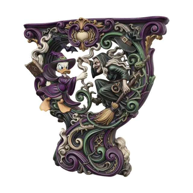 3D model for Transform a determined witch duck battling a wild old sorceress into a hyper-realistic wooden carved Rococo-Art Nouveau caricatural dual statue merging into a monumental waved scrollwork console-pillar. Spellbook, magic, bats, swirling smoke, broom, crooked hat and magical creatures become elaborate rocaille scrolls, thorny vines, mystical cartouches and curling volutes. Flowing robes create elegant S-curves. Material: polished hardwood with crisp carving. Polychrome: weary deep violet, emerald, black, amber and aged ivory with patina.