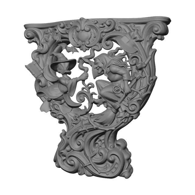 3D model for Transform a determined witch duck battling a wild old sorceress into a hyper-realistic wooden carved Rococo-Art Nouveau caricatural dual statue merging into a monumental waved scrollwork console-pillar. Spellbook, magic, bats, swirling smoke, broom, crooked hat and magical creatures become elaborate rocaille scrolls, thorny vines, mystical cartouches and curling volutes. Flowing robes create elegant S-curves. Material: polished hardwood with crisp carving. Polychrome: weary deep violet, emerald, black, amber and aged ivory with patina.