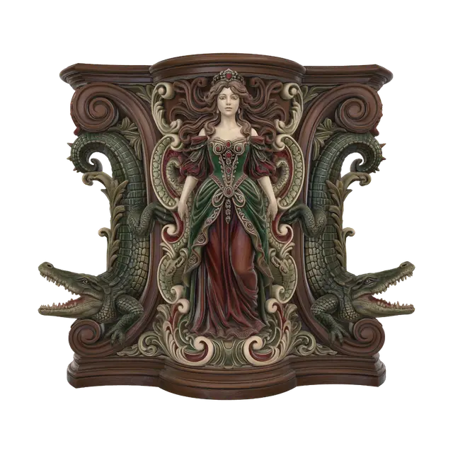 Transform an elegant jewel-obsessed villainess with two massive crocodile… 3D model, vytvořený pomocí AI