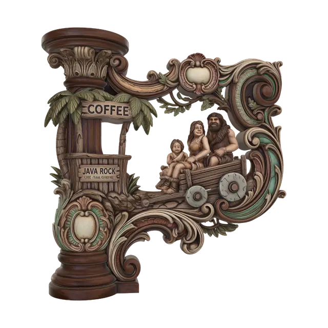 3D model for Transform a cheerful prehistoric family riding a stone-age wooden vehicle beside a humorous primitive coffee stand into a hyper-realistic wooden carved Rococo-Art Nouveau high-relief console-pillar. Characters, vehicle, wheels, architecture and palms merge into layered rocaille scrolls, vines, stone carvings and decorative cartouches. Material: polished hardwood with fine anatomical detailing. Polychrome: weary warm ochres, turquoise, leafy greens, cream, reddish browns and aged patina