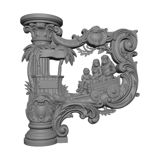 3D model for Transform a cheerful prehistoric family riding a stone-age wooden vehicle beside a humorous primitive coffee stand into a hyper-realistic wooden carved Rococo-Art Nouveau high-relief console-pillar. Characters, vehicle, wheels, architecture and palms merge into layered rocaille scrolls, vines, stone carvings and decorative cartouches. Material: polished hardwood with fine anatomical detailing. Polychrome: weary warm ochres, turquoise, leafy greens, cream, reddish browns and aged patina