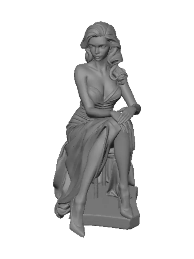 3D model for Create a statue of a sexy dressed lady sitting, one leg wearing a pump, the other leg bare