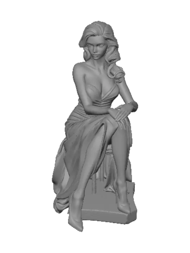 3D model for Create a statue of a sexy dressed lady sitting, one leg wearing a pump, the other leg bare