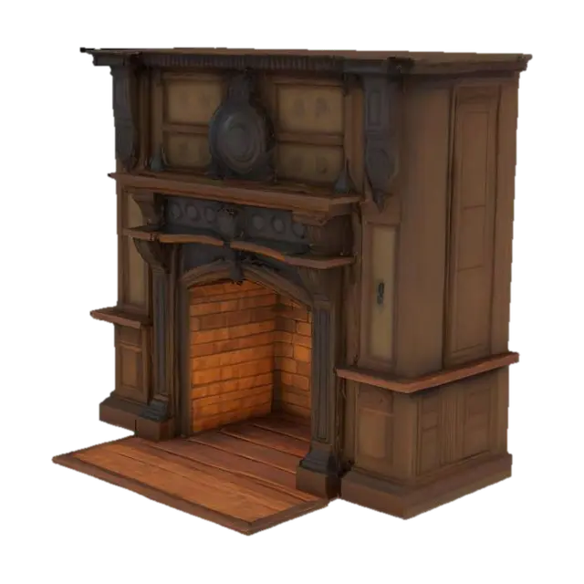 Interior wall and floor, Victorian era tavern with hearth and mantle above empty… - Fireplace 3D model, vytvořený pomocí AI
