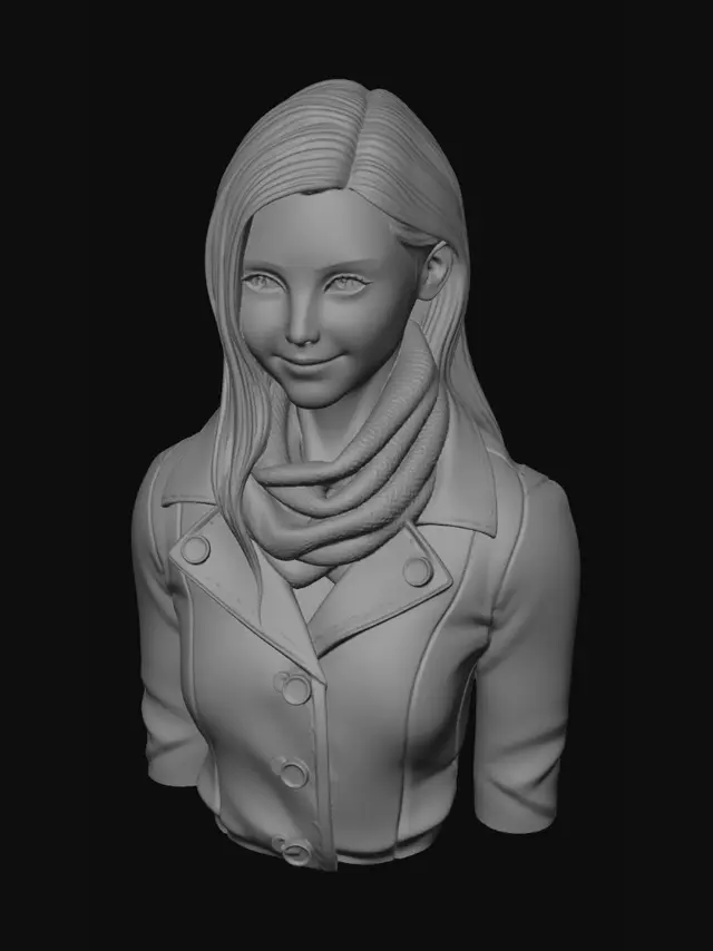 3D model for Realistic 3D bust sculpture of a young blonde woman with long wavy hair, fair skin, soft feminine facial features, light eyes, subtle natural smile, wearing a thick layered gray scarf and dark winter coat. Front-facing portrait pose, highly detailed hair strands, realistic fabric folds, clean neck and shoulders composition, neutral background, cinematic soft lighting, symmetrical face, high poly sculpt, realistic textures, optimized topology, watertight mesh, STL-ready, suitable for resin 3D printing.