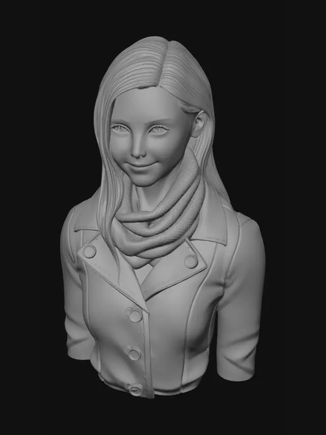 3D model for Realistic 3D bust sculpture of a young blonde woman with long wavy hair, fair skin, soft feminine facial features, light eyes, subtle natural smile, wearing a thick layered gray scarf and dark winter coat. Front-facing portrait pose, highly detailed hair strands, realistic fabric folds, clean neck and shoulders composition, neutral background, cinematic soft lighting, symmetrical face, high poly sculpt, realistic textures, optimized topology, watertight mesh, STL-ready, suitable for resin 3D printing.