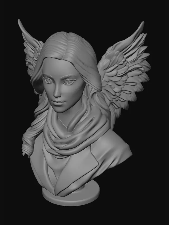 3D model for Ultra-realistic 3D bust sculpture based on the facial features from the reference photo of a young blonde woman with long wavy hair, fair skin, light eyes, and a subtle natural smile. Preserve the likeness and proportions of the face from the uploaded image. Add large elegant angel wings extending behind the shoulders with layered detailed feathers. No tail. Wearing a thick layered gray scarf and dark winter coat with realistic fabric folds. Front-facing portrait pose, centered composition, highly detailed hair strands, realistic skin texture, cinematic soft studio lighting, symmetrical facial anatomy, clean shoulders and neck, neutral background removed, high-poly digital sculpt, watertight mesh, clean topology, STL-ready, optimized for resin 3D printing, ZBrush-quality sculpt, ultra deta