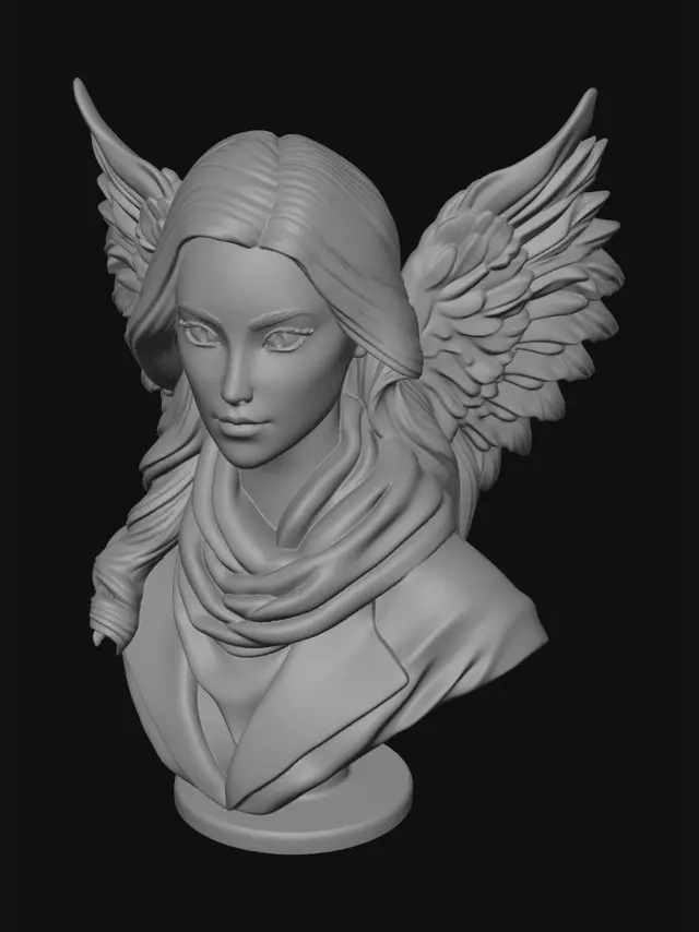 3D model for Ultra-realistic 3D bust sculpture based on the facial features from the reference photo of a young blonde woman with long wavy hair, fair skin, light eyes, and a subtle natural smile. Preserve the likeness and proportions of the face from the uploaded image. Add large elegant angel wings extending behind the shoulders with layered detailed feathers. No tail. Wearing a thick layered gray scarf and dark winter coat with realistic fabric folds. Front-facing portrait pose, centered composition, highly detailed hair strands, realistic skin texture, cinematic soft studio lighting, symmetrical facial anatomy, clean shoulders and neck, neutral background removed, high-poly digital sculpt, watertight mesh, clean topology, STL-ready, optimized for resin 3D printing, ZBrush-quality sculpt, ultra deta