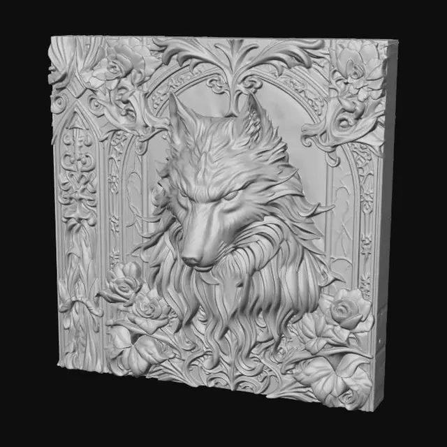 3D model for stained glass window with wolf design
