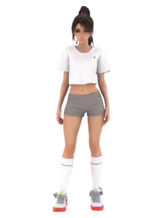 Young woman, pretty, skimpy t-shirt, skimpy shorts, trainers, socks, ultra detailed… - Teen 3D model, vytvořený pomocí AI