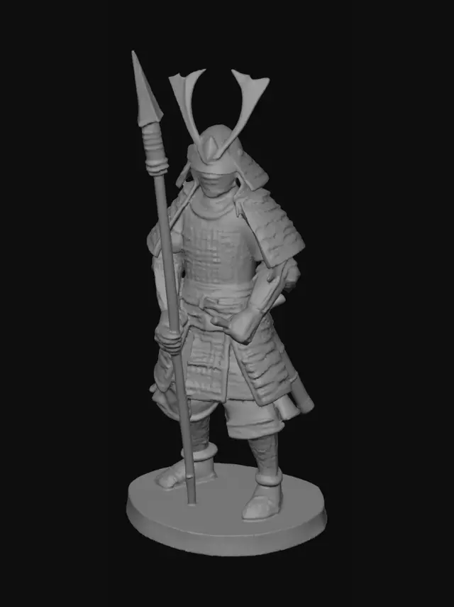 3D model for Japanese ashigaru soldier from the Sengoku period, holding yari spear, standing guard pose, tabletop miniature, heroic scale, clear silhouette, board game miniature, high detail, resin printable, 35mm scale. stylized board game miniature, not realistic scale model, exaggerated readable details, designed for tabletop gameplay, single-piece miniature, thick durable parts