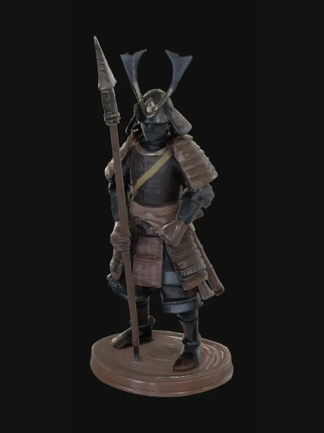 3D model for Japanese ashigaru soldier from the Sengoku period, holding yari spear, standing guard pose, tabletop miniature, heroic scale, clear silhouette, board game miniature, high detail, resin printable, 35mm scale. stylized board game miniature, not realistic scale model, exaggerated readable details, designed for tabletop gameplay, single-piece miniature, thick durable parts