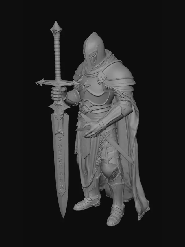 3D model for An ultra-badass dark knight, Dark Souls style, full body character. Heavy medieval black iron armor with battle damages, scratches, and intricate gothic engravings. Wearing a tattered, torn dark crimson cape. Holding a massive, highly stylized greatsword with ancient glowing runes on the blade. High-quality dark fantasy character asset, photorealistic textures, metallic roughness.