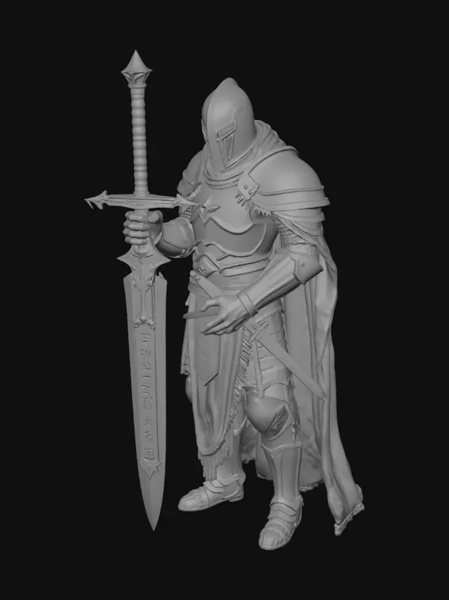 3D model for An ultra-badass dark knight, Dark Souls style, full body character. Heavy medieval black iron armor with battle damages, scratches, and intricate gothic engravings. Wearing a tattered, torn dark crimson cape. Holding a massive, highly stylized greatsword with ancient glowing runes on the blade. High-quality dark fantasy character asset, photorealistic textures, metallic roughness.