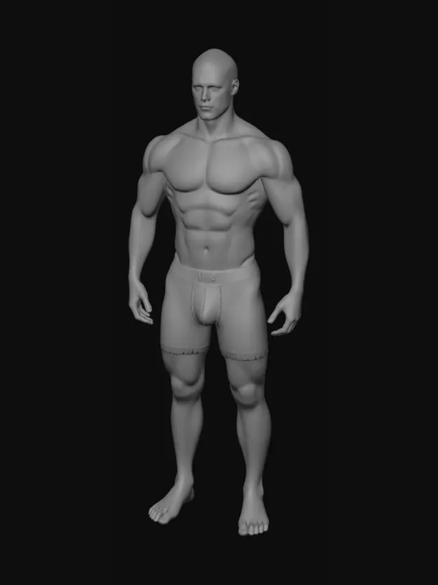3D model for Ultra-realistic male human base character for AAA MMORPG, high-poly, game-ready 3D model. Adult male, athletic build, realistic anatomy, natural skin details, neutral facial expression, bald head, no beard, symmetrical proportions. Perfect T-Pose with arms extended horizontally. Wearing only plain black boxer briefs. Full body visible, character customization ready. Clean topology, animation-ready mesh, optimized edge loops, PBR materials, realistic skin shader, detailed textures, photorealistic, Unreal Engine 5 quality, studio lighting, neutral background, front view, orthographic style, production-ready asset.
