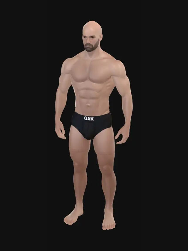 3D model for Ultra-realistic male human base character for AAA MMORPG, high-poly, game-ready 3D model. Adult male, athletic build, realistic anatomy, natural skin details, neutral facial expression, bald head, no beard, symmetrical proportions. Perfect T-Pose with arms extended horizontally. Wearing only plain black boxer briefs. Full body visible, character customization ready. Clean topology, animation-ready mesh, optimized edge loops, PBR materials, realistic skin shader, detailed textures, photorealistic, Unreal Engine 5 quality, studio lighting, neutral background, front view, orthographic style, production-ready asset.