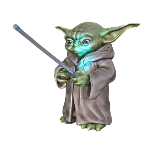 Detailed Star Wars Yoda holding Lightsaber 3D model, vytvořený pomocí AI