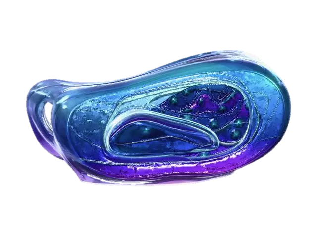 3D model for Design a futuristic reception desk for a bioluminescent experience center inspired by deep-sea organisms. The form should be fluid, organic, and asymmetrical, resembling underwater growth or coral formations. The surface integrates layered translucent materials with soft glowing gradients in blue, teal, and violet, mimicking bioluminescent diffusion. Embedded lighting should appear as if it is emerging from within the structure, not applied externally.Incorporate subtle pulsation effects and flowing patterns across the surface, inspired by jellyfish movement and plankton clustering. The desk should have a seamless, sculptural form with no sharp edges, blending into the surrounding space. Materials may include resin, frosted acrylic, and fiber-optic strands to create depth and internal glow