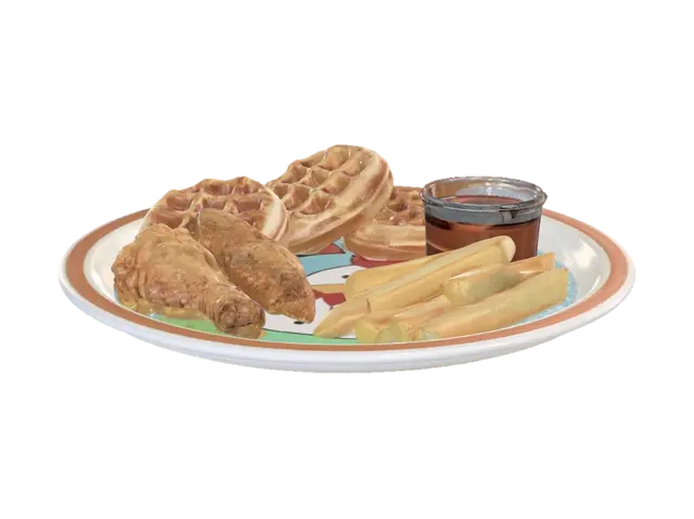 A realistic kids southern chicken and waffles plate with mini waffles, crispy… 3D model, vytvořený pomocí AI