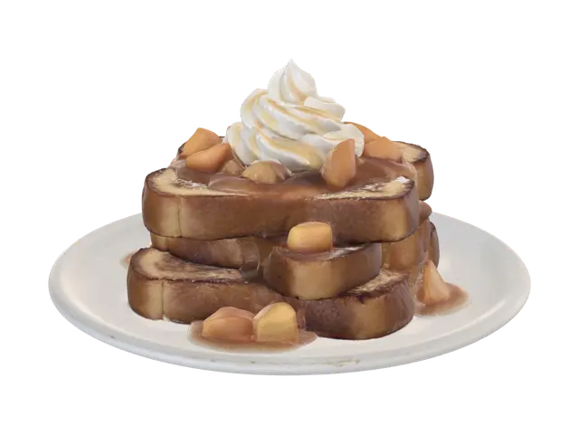 Southern peach cobbler french toast breakfast platter, three thick slices of golden… - 3dasset 3D model, vytvořený pomocí AI