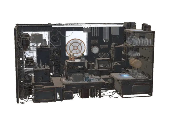 A workshop room with a combination of cyberpunk and steampunk aesthetics - Diy 3D model, vytvořený pomocí AI