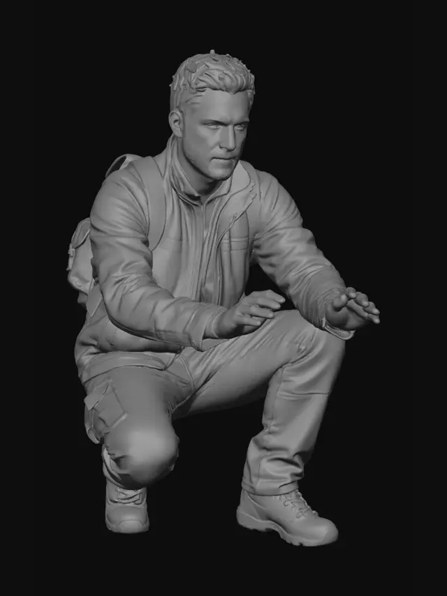 3D model for ısınmak için ellerini uzatan, çömelmiş bir kampçı figürü
