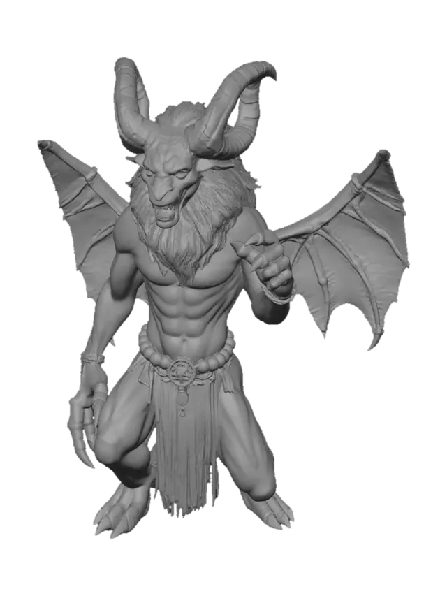 3D model for Taf-Hang (Dīv-e Dashtsūz), Persian mythological fire demon, ancient Iranian dark fantasy. humanoid (2.5m), muscular yet predator build. Burned dark-red flesh with raised veins glowing, as if molten magma flows instead blood. Skin is scarred, heat-damaged, spines, and joints. Elongated div-like face inspired by ancient Iranian myths, ember eyes, large fangs, broad nose, wild coarse black hair, ram-like asymmetrical horns. Dense body hair on forearms, shoulders, chest, lower abdomen, and thighs. No armor, obsidian beads, ritual chains. Ash, sparks, heat distortion. Ancient pre-Islamic Iranian aesthetic, primal, terrifying, dark fantasy inspired. Negative: cartoon, anime, Japanese oni, European devil, sci-fi, cyberpunk, modern clothing, oversized armor, neon, cute, stylized.