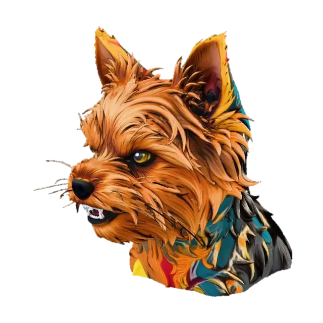 close-up of a small Yorkshire Terrier dog with fluffy long brown and tan fur,… 3D model, vytvořený pomocí AI