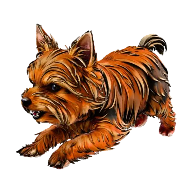 close-up of a small Yorkshire Terrier dog with fluffy long brown and tan fur,… 3D model, vytvořený pomocí AI