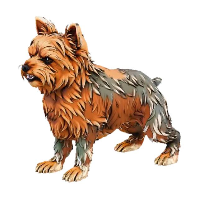close-up of a small Yorkshire Terrier dog with fluffy long brown and tan fur,… 3D model, vytvořený pomocí AI