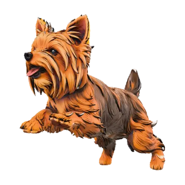 close-up of a small Yorkshire Terrier dog with fluffy long brown and tan fur,… - Happy 3D model, vytvořený pomocí AI