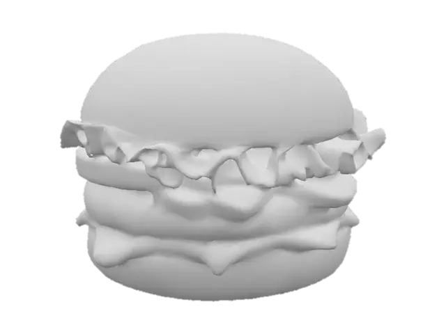 3D model for Un hamburger cartoon empilé de manière ludique, avec un pain brioché doré et brillant, épais et moelleux. La galette de viande, d'un brun riche, est juteuse et présente une texture légèrement granuleuse. Entre les couches, de la salade verte croquante, des tranches de tomate rouge vif et des cornichons vert émeraude ajoutent du contraste. L'ensemble est dodu et semble prêt à être écrasé.