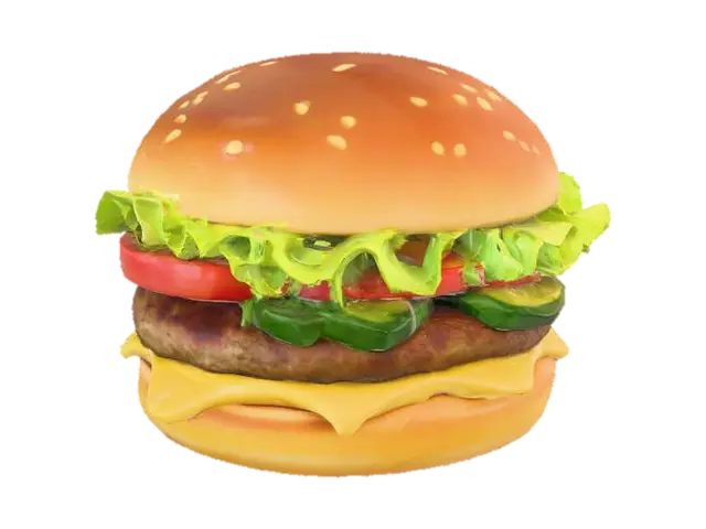 3D model for Un hamburger cartoon empilé de manière ludique, avec un pain brioché doré et brillant, épais et moelleux. La galette de viande, d'un brun riche, est juteuse et présente une texture légèrement granuleuse. Entre les couches, de la salade verte croquante, des tranches de tomate rouge vif et des cornichons vert émeraude ajoutent du contraste. L'ensemble est dodu et semble prêt à être écrasé.