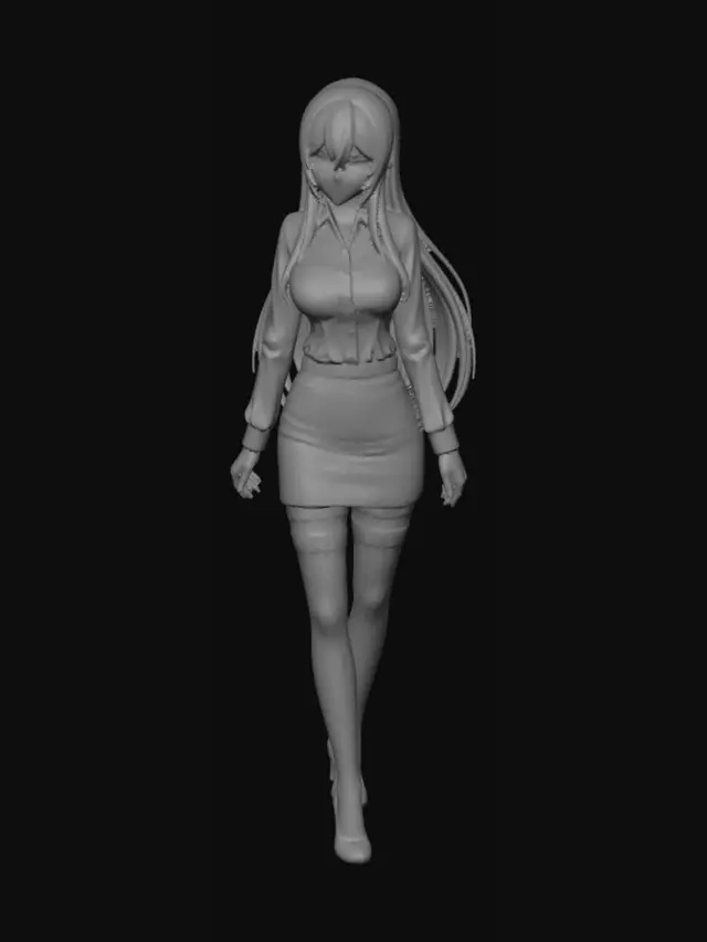 3D model for Девушка, аниме, длинные прямые светлые волосы, в белой блузке, микро юбка карандаш, черные гольфы до бедра, туфли на высоком каблуке