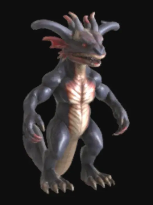 3D model for Un dragón humanoide de estatura imponente, con una piel correosa y oscura, de un rojo ceniza profundo, cubierta de escamas irregulares y protuberancias óseas afiladas. Su musculatura es deforme y exagerada, y su rostro, retorcido en una expresión de furia permanente, presenta colmillos sobresalientes y ojos hendidos de un brillo carne