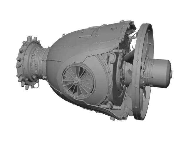 3D model for Create a highly detailed 3D turbofan jet engine model for industrial and engineering visualization. The model should feature realistic fan blades, compressor stages, turbine sections, shaft, combustion chamber, casing, and internal mechanical components with accurate proportions. Design the model with clean topology, optimized geometry, and PBR materials suitable for close-up renders and animation. Include an exploded configuration showing all major components separated along the engine axis for technical presentation, while maintaining precise alignment for reassembly. The model should be production-ready for Blender, Maya, and FBX export, supporting technical animations, product visualization, and real-time applications.