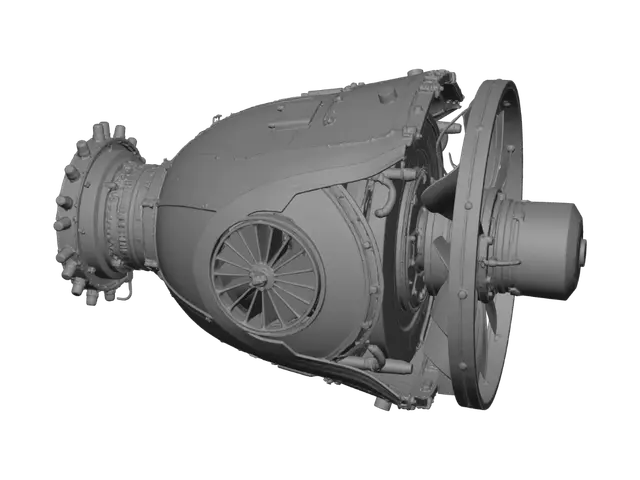 3D model for Create a highly detailed 3D turbofan jet engine model for industrial and engineering visualization. The model should feature realistic fan blades, compressor stages, turbine sections, shaft, combustion chamber, casing, and internal mechanical components with accurate proportions. Design the model with clean topology, optimized geometry, and PBR materials suitable for close-up renders and animation. Include an exploded configuration showing all major components separated along the engine axis for technical presentation, while maintaining precise alignment for reassembly. The model should be production-ready for Blender, Maya, and FBX export, supporting technical animations, product visualization, and real-time applications.
