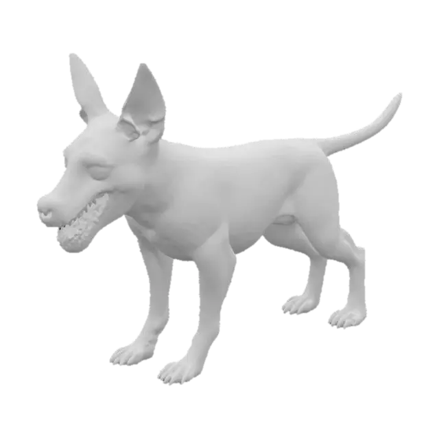 3D model for Very high detail and resolution. A very large and bulky, terrifying horror zombie dog breed as a Doberman with bloodstained fur. Its face is eerily decayed, with sunken eyes and a wide-open mouth revealing yellowed teeth.