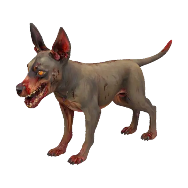 3D model for Very high detail and resolution. A very large and bulky, terrifying horror zombie dog breed as a Doberman with bloodstained fur. Its face is eerily decayed, with sunken eyes and a wide-open mouth revealing yellowed teeth.