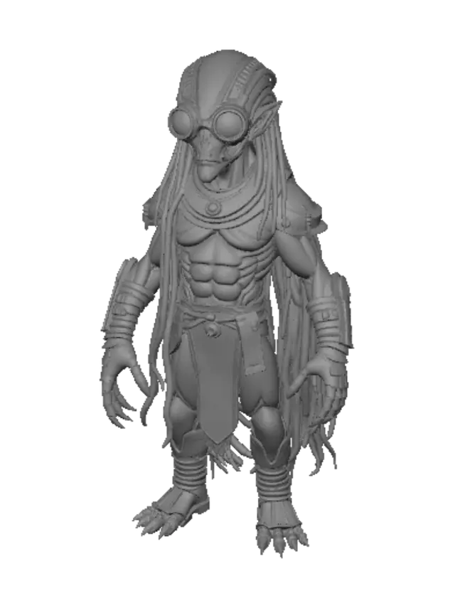 3D model for Create a highly detailed 3D character that blends the imposing appearance of an ancient alien hunter with the playful proportions of a small yellow cartoon creature. The character has a muscular but compact body, yellow skin, long black dreadlock-like tendrils, an advanced futuristic bio-mask with glowing red eyes, metallic shoulder armor, wrist blades, and tribal sci-fi armor. It wears worn leather straps and high-tech equipment while keeping a humorous, expressive face with large goggles. The style is realistic with stylized cartoon proportions, high-resolution sculpt, game-ready topology, PBR materials, cinematic lighting, intricate details, full-body T-pose, 8K quality.”