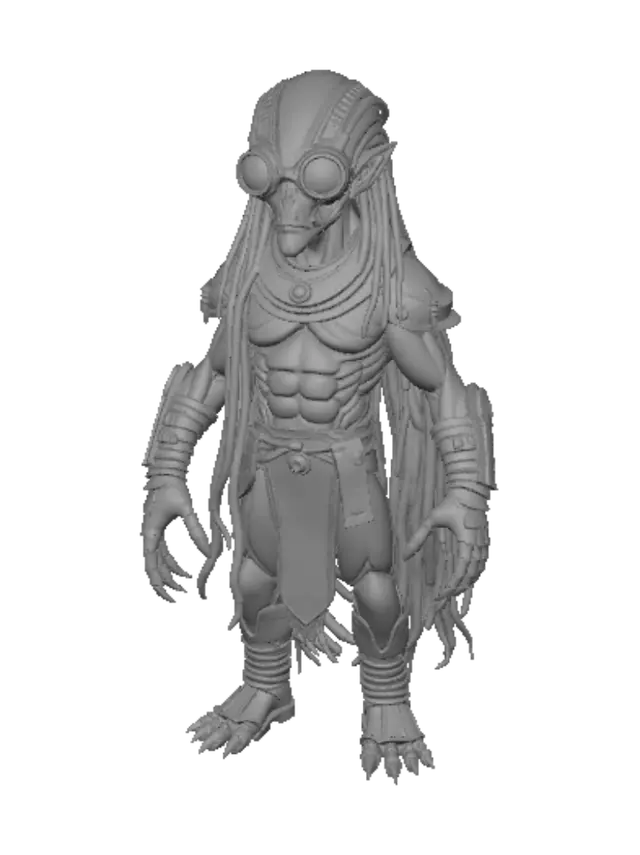 3D model for Create a highly detailed 3D character that blends the imposing appearance of an ancient alien hunter with the playful proportions of a small yellow cartoon creature. The character has a muscular but compact body, yellow skin, long black dreadlock-like tendrils, an advanced futuristic bio-mask with glowing red eyes, metallic shoulder armor, wrist blades, and tribal sci-fi armor. It wears worn leather straps and high-tech equipment while keeping a humorous, expressive face with large goggles. The style is realistic with stylized cartoon proportions, high-resolution sculpt, game-ready topology, PBR materials, cinematic lighting, intricate details, full-body T-pose, 8K quality.”