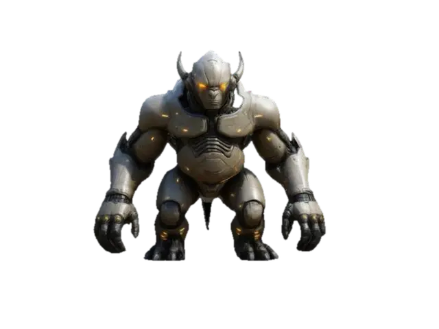 A tanky humanoid creature with a robust, hairless build, featuring thick, plated… 3D model, vytvořený pomocí AI