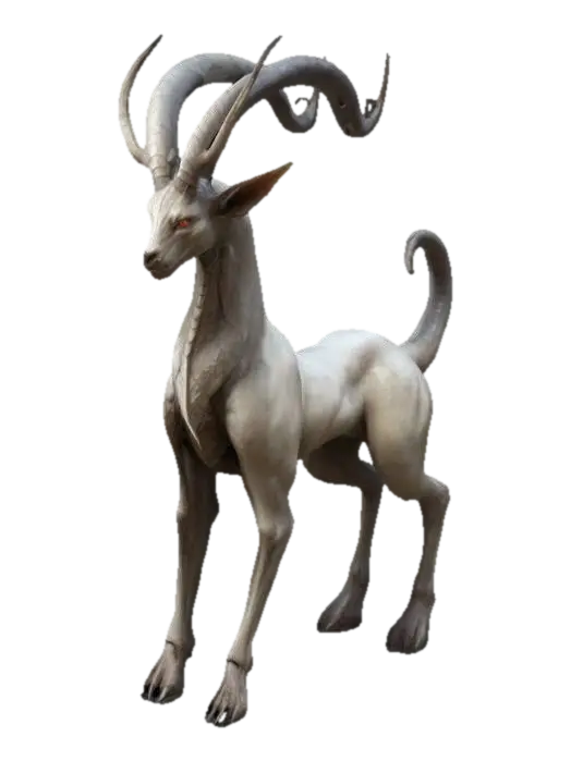 The creature has the body of a quadruped, but with an upright posture, resembling a… - Horned 3D model, vytvořený pomocí AI