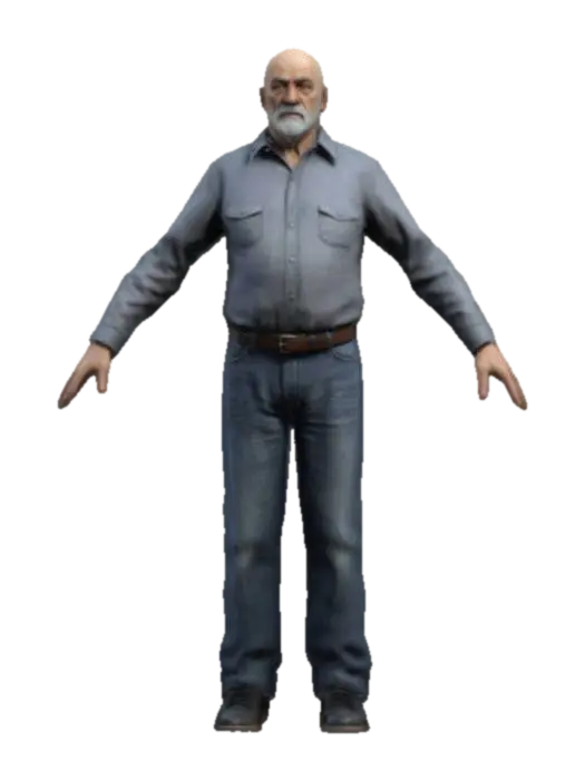 Ultra realistic old man with blue jeans and gray shirt and black shoe and bold ,… - Oldman 3D model, vytvořený pomocí AI