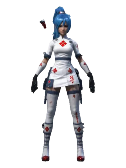 an anime-style combat nurse with spiky blue hair in a ponytail, wearing a sleek… - Bluehair 3D model, vytvořený pomocí AI
